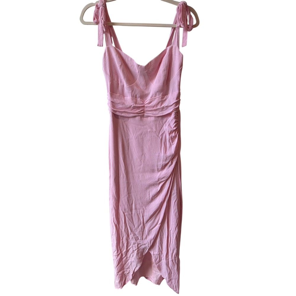 WAYF Tie Shoulder Ruched Midi Dress Womens M Pink Coquette Balletcore